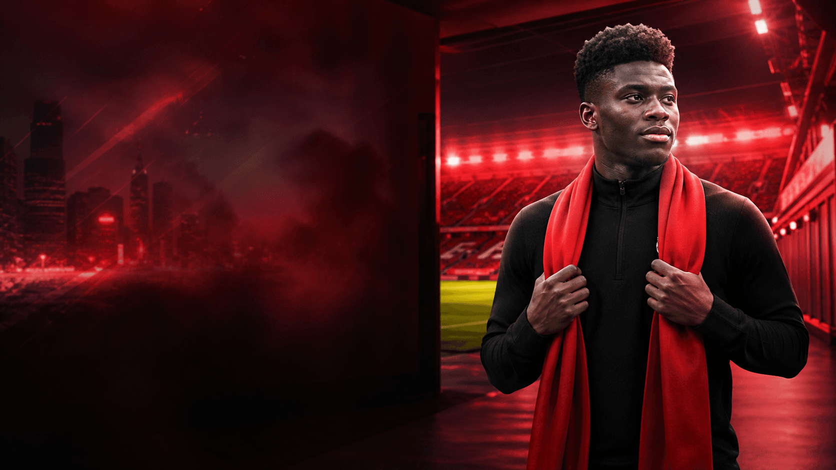 AI editorial portrait of Carlos Baleba in a red-lit stadium tunnel; no official kit or signing scene is depicted