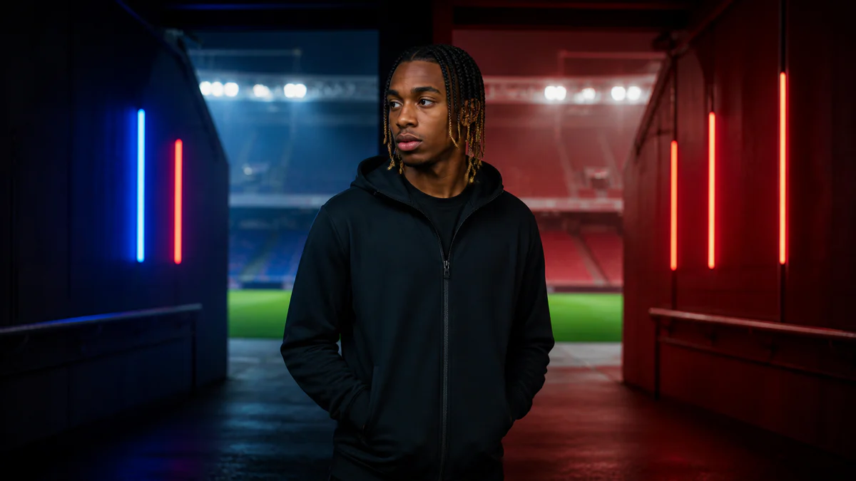 AI editorial portrait representing Bradley Barcola between blue-red and red stadium tunnels