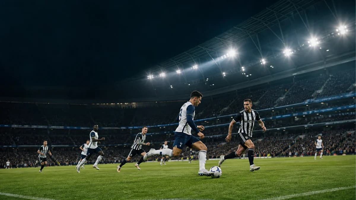 AI editorial evening scene of anonymous white-navy and black-white footballers in transition under floodlights