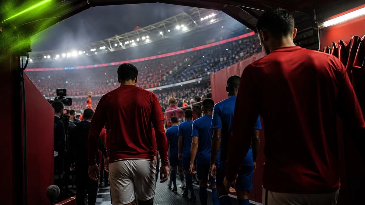 AI editorial stadium-tunnel scene of anonymous red and blue football teams entering a tense match