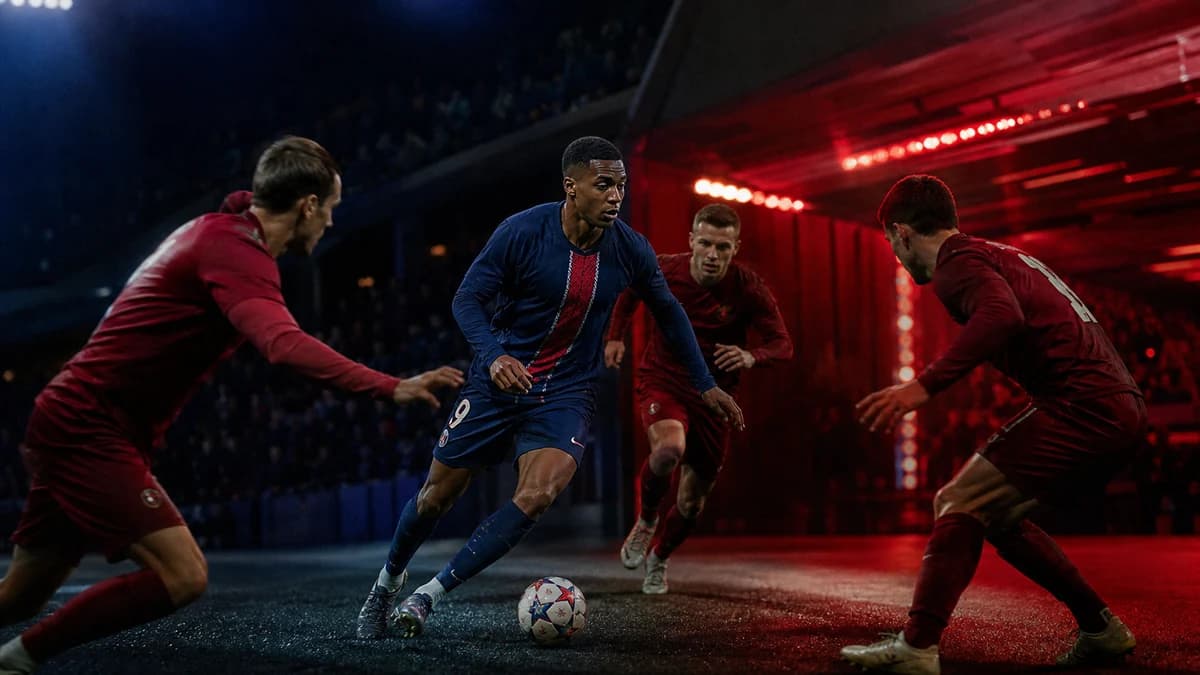 AI-generated editorial illustration of Ibrahim Mbaye between Paris-blue and Liverpool-red stadium light