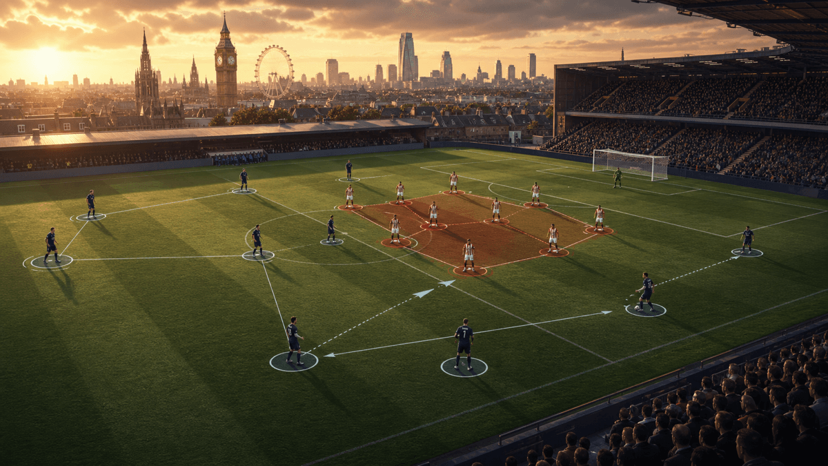 AI-generated editorial illustration of generic footballers in a west London stadium