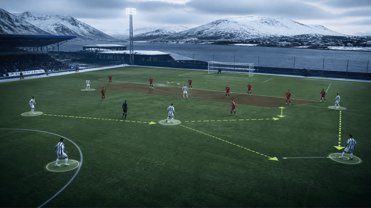 AI-generated tactical editorial illustration of a low block and attacking football team