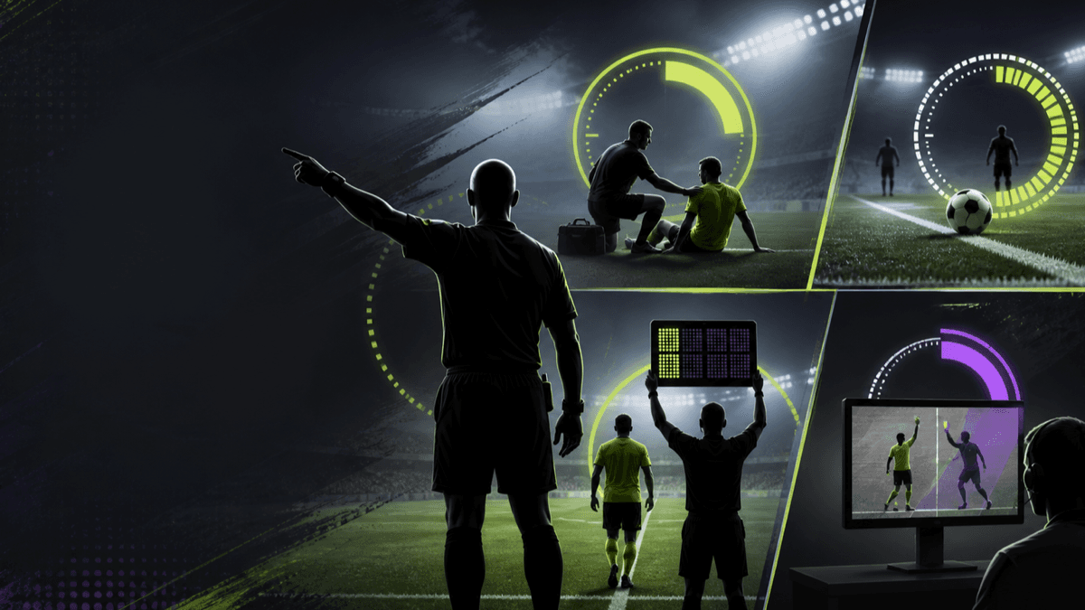 AI-generated editorial illustration of a generic referee, treatment, substitution and review sequence