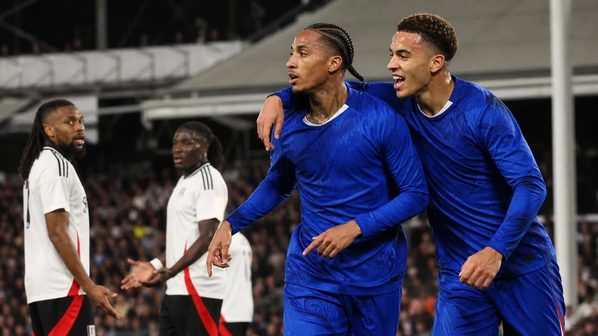 AI editorial composite representing Chelsea attackers celebrating during a floodlit west London derby