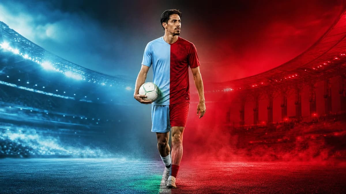 AI-generated editorial illustration of Tijjani Reijnders between sky-blue and red stadium light