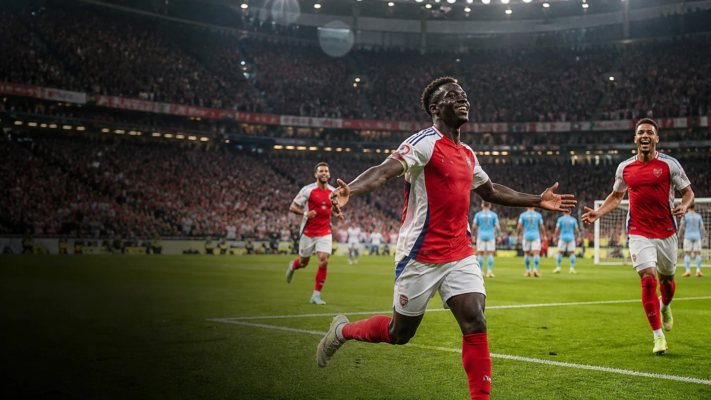 Arsenal players celebrate under Cardiff stadium lights after beating Manchester City