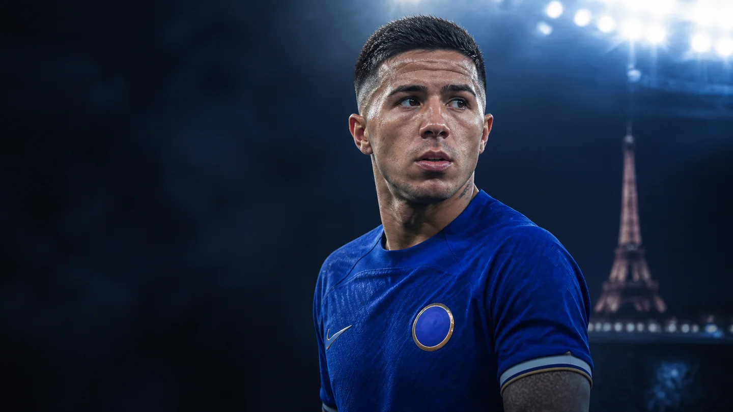 Enzo Fernandez under blue stadium lights amid transfer-window speculation