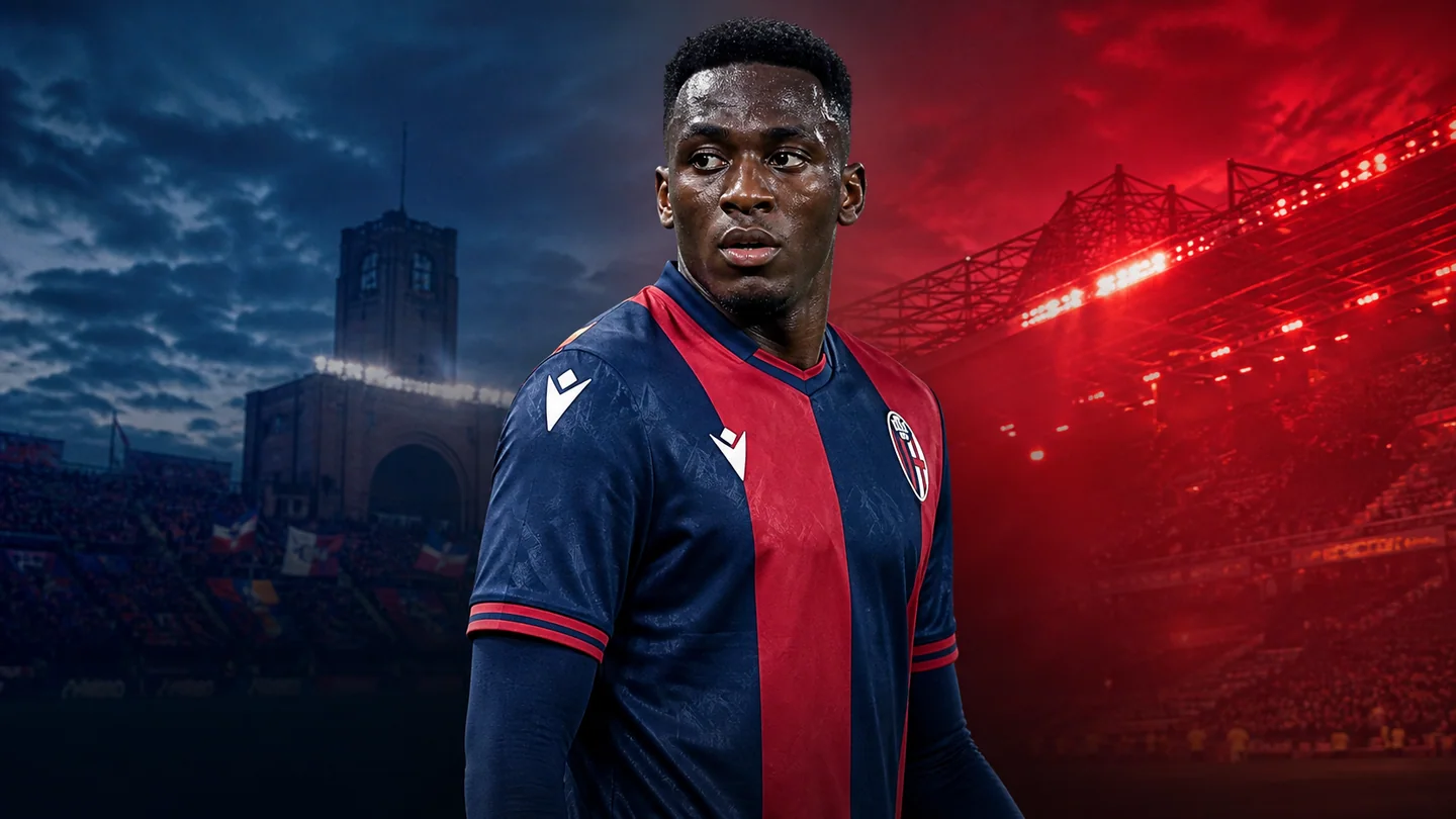Jhon Lucumi pictured between an Italian red-blue stadium and Manchester-red floodlights