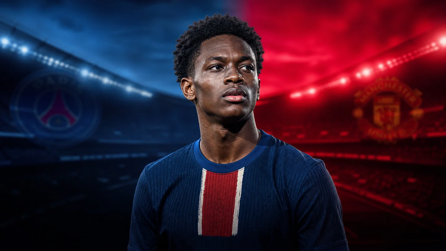 Ibrahim Mbaye pictured between Paris-blue and Manchester-red stadium settings