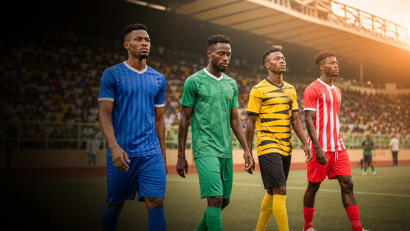 Nigerian club footballers walk onto a vibrant stadium pitch before a new NPFL season
