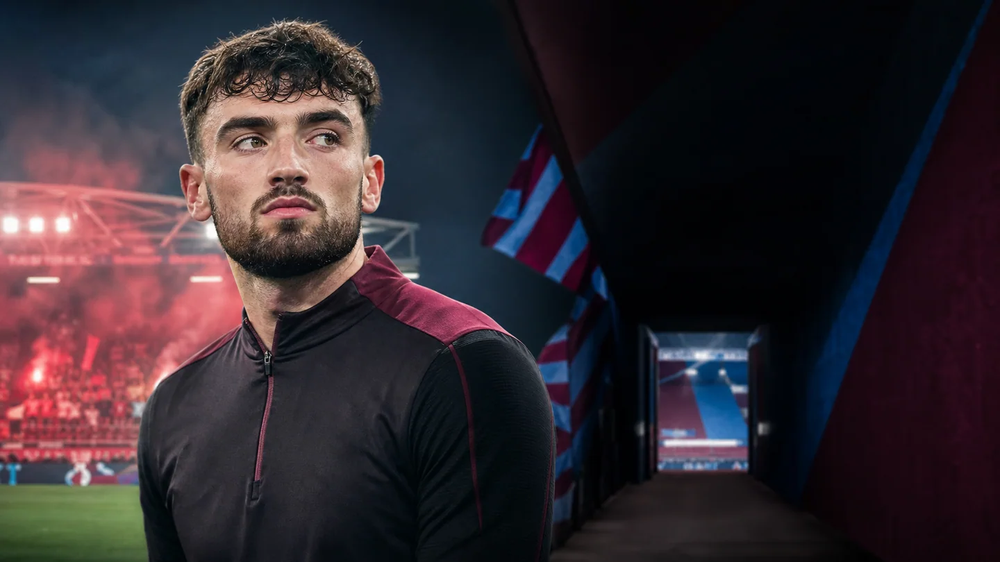 Realistic editorial transfer-rumour artwork showing Troy Parrott between a red-white stadium and claret-blue destination setting