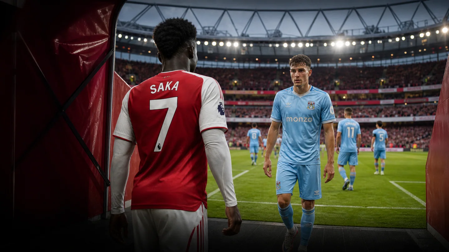 Arsenal and Coventry players prepare to enter a floodlit stadium for opening weekend