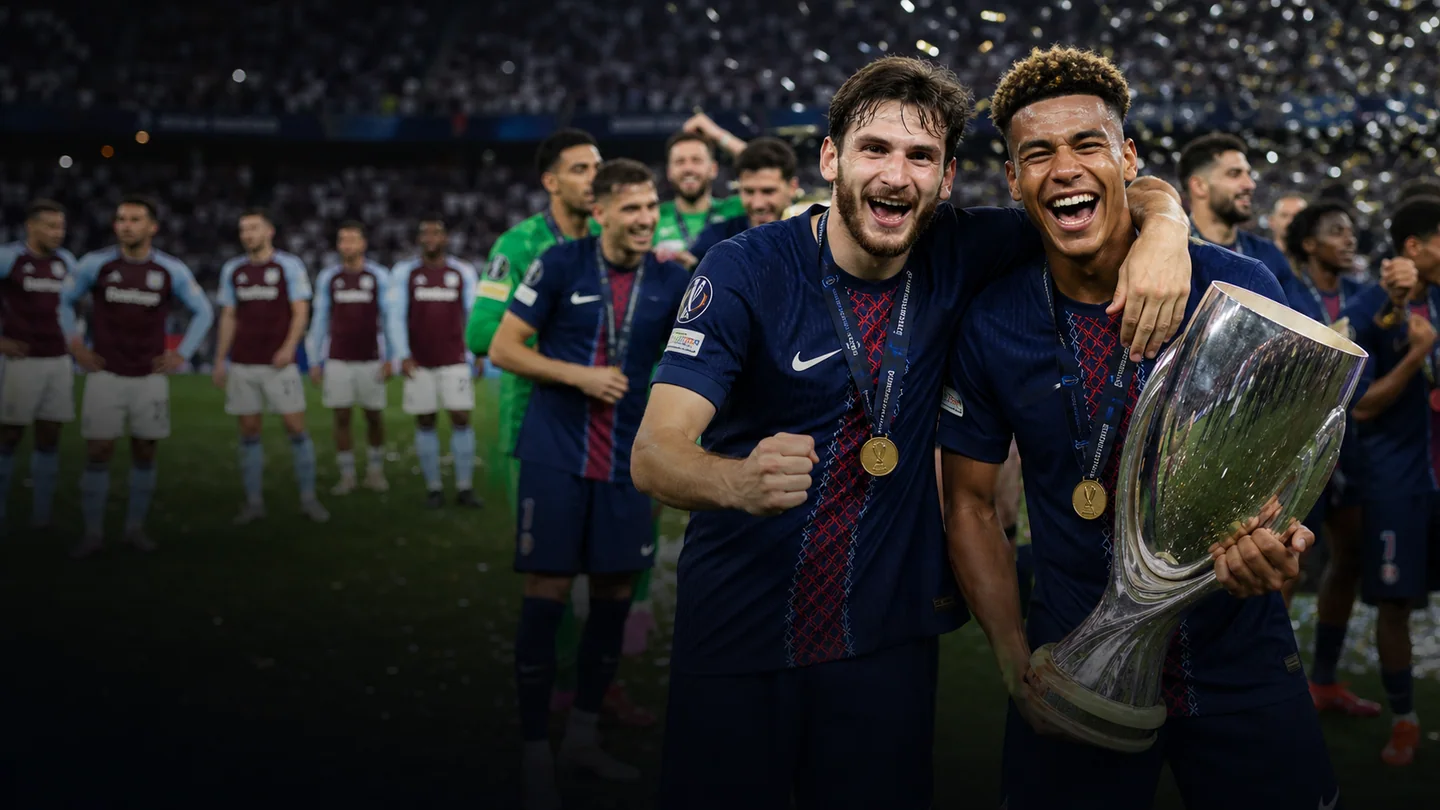 Paris players celebrate a European Super Cup win with Aston Villa players behind them